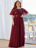 Plus Size A-Line Scoop Neck Long Formal Evening Dresses with Half Sleeves