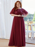 Plus Size A-Line Scoop Neck Long Formal Evening Dresses with Half Sleeves