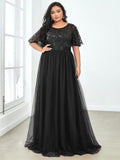 Plus Size A-Line Scoop Neck Long Formal Evening Dresses with Half Sleeves