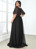Plus Size A-Line Scoop Neck Long Formal Evening Dresses with Half Sleeves