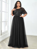 Plus Size A-Line Scoop Neck Long Formal Evening Dresses with Half Sleeves