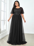 Plus Size A-Line Scoop Neck Long Formal Evening Dresses with Half Sleeves