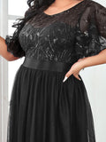 Plus Size A-Line Scoop Neck Long Formal Evening Dresses with Half Sleeves