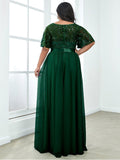 Plus Size A-Line Scoop Neck Long Formal Evening Dresses with Half Sleeves