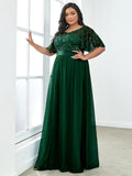 Plus Size A-Line Scoop Neck Long Formal Evening Dresses with Half Sleeves