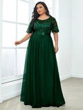 Plus Size A-Line Scoop Neck Long Formal Evening Dresses with Half Sleeves
