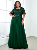 Plus Size A-Line Scoop Neck Long Formal Evening Dresses with Half Sleeves