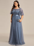 Plus Size A-Line Scoop Neck Long Formal Evening Dresses with Half Sleeves