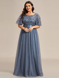 Plus Size A-Line Scoop Neck Long Formal Evening Dresses with Half Sleeves