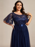 Plus Size A-Line Scoop Neck Long Formal Evening Dresses with Half Sleeves