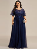Plus Size A-Line Scoop Neck Long Formal Evening Dresses with Half Sleeves