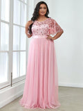 Plus Size A-Line Scoop Neck Long Formal Evening Dresses with Half Sleeves