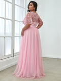 Plus Size A-Line Scoop Neck Long Formal Evening Dresses with Half Sleeves