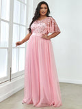 Plus Size A-Line Scoop Neck Long Formal Evening Dresses with Half Sleeves