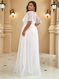 Plus Size A-Line Scoop Neck Long Formal Evening Dresses with Half Sleeves