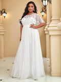 Plus Size A-Line Scoop Neck Long Formal Evening Dresses with Half Sleeves