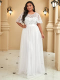Plus Size A-Line Scoop Neck Long Formal Evening Dresses with Half Sleeves