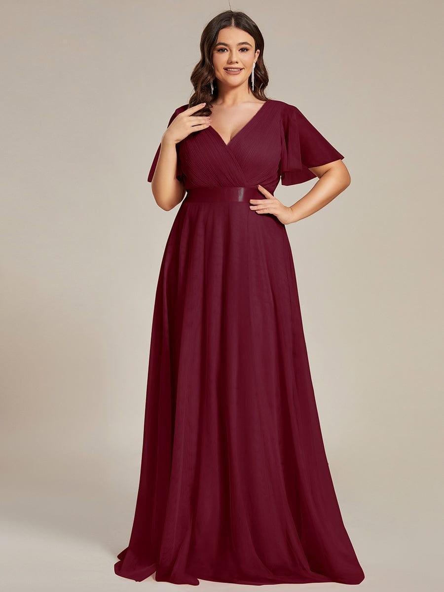 A-Line V-Neck Empire-Waist Plus Size Short Sleeves Formal Bridesmaid Dress