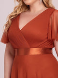 A-Line V-Neck Empire-Waist Plus Size Short Sleeves Formal Bridesmaid Dress