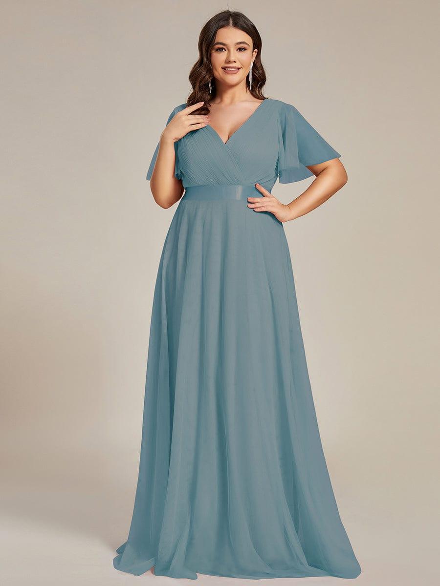 A-Line V-Neck Empire-Waist Plus Size Short Sleeves Formal Bridesmaid Dress