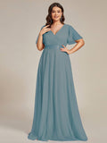 A-Line V-Neck Empire-Waist Plus Size Short Sleeves Formal Bridesmaid Dress
