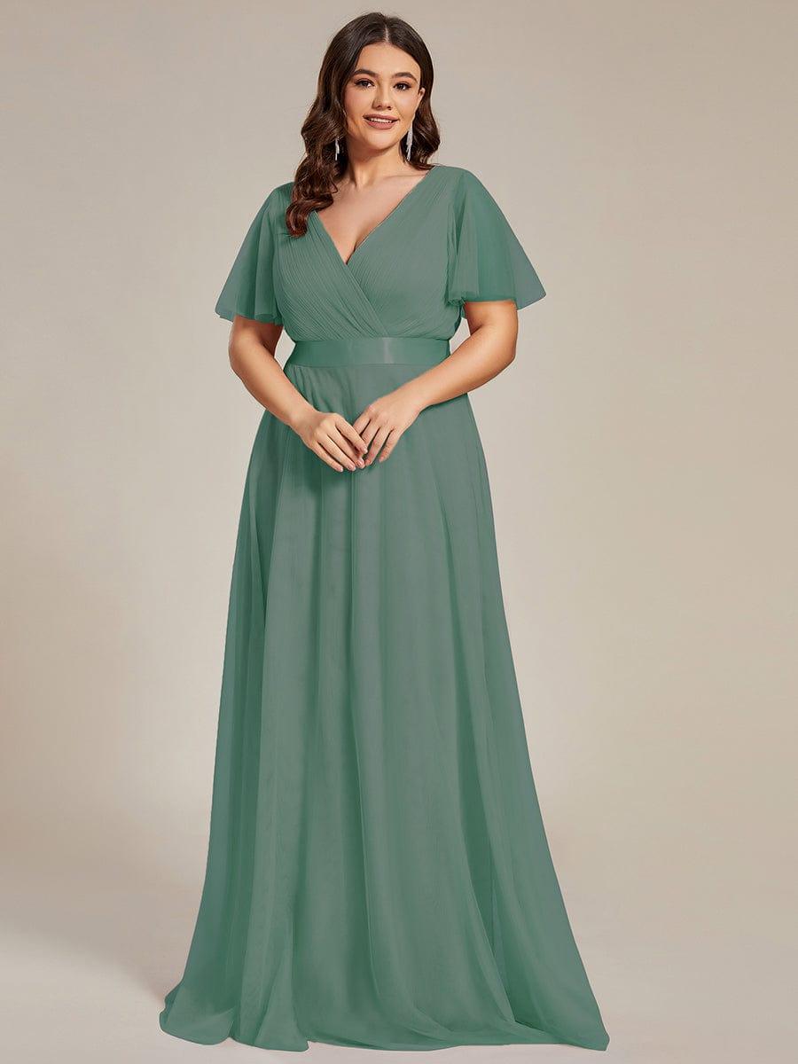 A-Line V-Neck Empire-Waist Plus Size Short Sleeves Formal Bridesmaid Dress