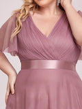 A-Line V-Neck Empire-Waist Plus Size Short Sleeves Formal Bridesmaid Dress