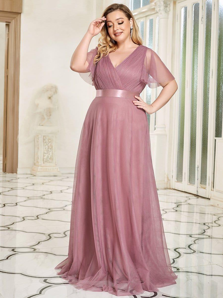 A-Line V-Neck Empire-Waist Plus Size Short Sleeves Formal Bridesmaid Dress