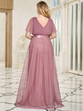 A-Line V-Neck Empire-Waist Plus Size Short Sleeves Formal Bridesmaid Dress
