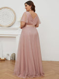 A-Line V-Neck Empire-Waist Plus Size Short Sleeves Formal Bridesmaid Dress