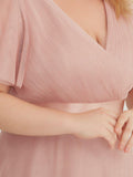 A-Line V-Neck Empire-Waist Plus Size Short Sleeves Formal Bridesmaid Dress