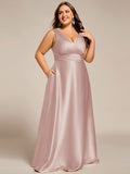 Plus Size A-Line V-Neck Satin Empire-Waist Bridesmaid Dress with Pockets