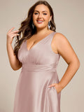 Plus Size A-Line V-Neck Satin Empire-Waist Bridesmaid Dress with Pockets