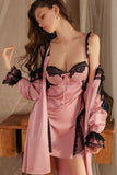 Pink Sweetheart Lace Appliques Sleeveless A-Line Short Nightgown and Robe Set