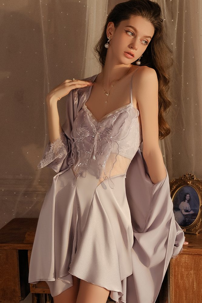 A-Line V-Neck Spaghetti Straps Butterfly Short Nightgown and Robe Set