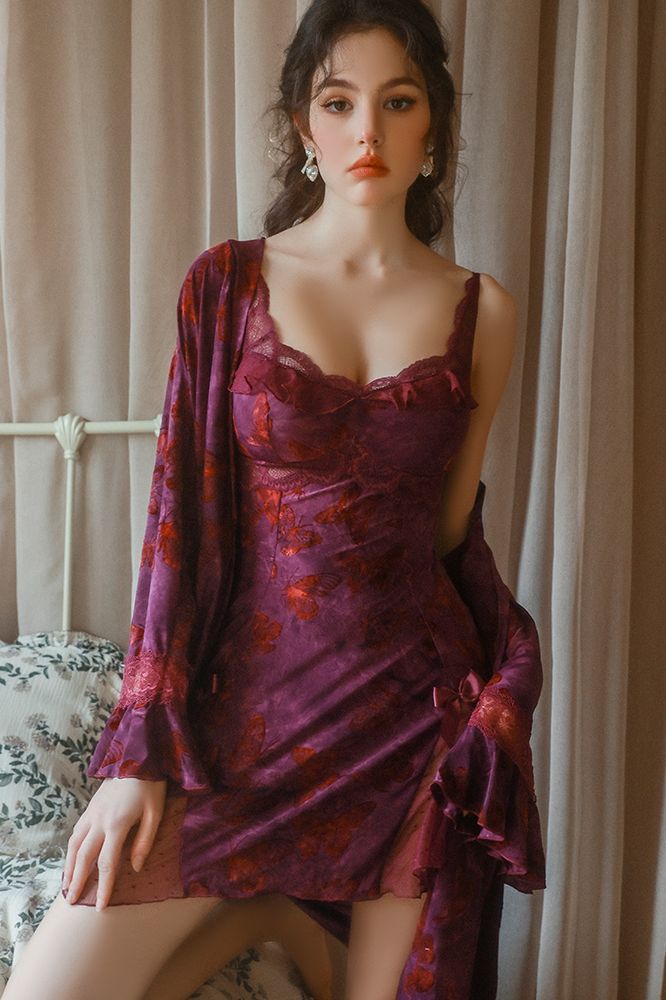 Luxury Butterfly Print Sweet Lace Deep V-Neck Padded Nightgown Robe Set