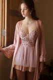 Cute A-Line Spaghetti Straps V-Neck Appliques Tulle Short Nightgown and Robe Set