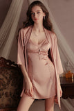 V-Neck Spaghetti Straps A-Line Lace Appliques Short Nightgown and Robe Set