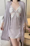 Exquisite Spaghetti Straps Lace Appliques V-Neck Nightgown and Robe Set