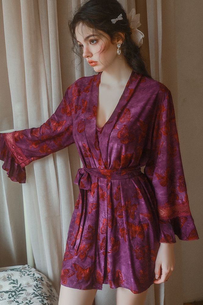 Luxury Butterfly Print Sweet Lace Deep V-Neck Padded Nightgown Robe Set
