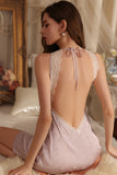 Lilac Spaghetti Straps Print V-Neck Lace Appliques Short Nightgown and Robe Set
