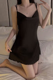 Black Cowl Neck Spaghetti Straps Back Butterfly Satin Short Nightgown