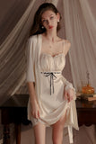 A-Line Empire-Waist Spaghetti Straps Satin Short Nightgown and Robe Set