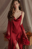 Spaghetti Straps Cowl Neck Ruffles Knee Length Nightdress with Slit and Robe Set