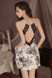 Sexy V-Neck Spaghetti Straps Print Lace Appliques Short Nightgown