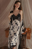 Spaghetti Straps Butterfly Print V-Neck Long Nightgown and Robe Set