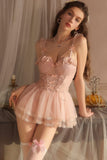 Cute A-Line Straps Lace Appliques Ruffles Sleeveless Short Nightgown