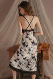 Spaghetti Straps Butterfly Print V-Neck Long Nightgown and Robe Set