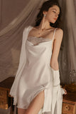 Simple A-Line Slit Sleeveless Satin Short Nightgown and Robe Set