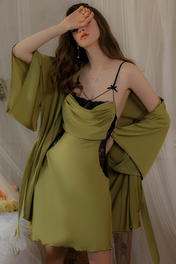 Sexy Pleats Spaghetti Straps A-Line Satin Short Nightgown and Robe Set
